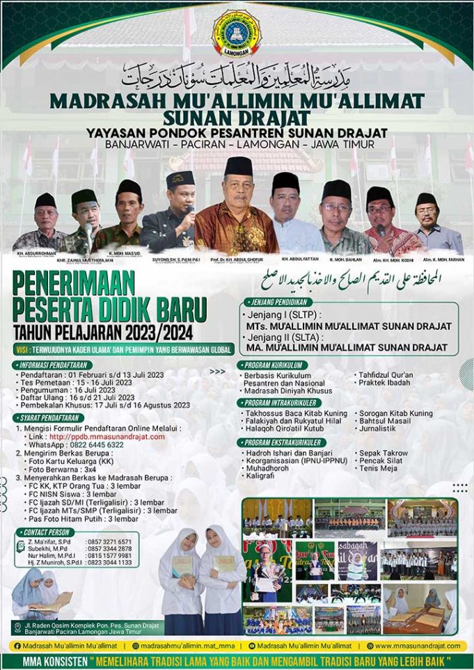 Informasi Penerimaan Peserta Didik Baru Madrasah Mu’allimin Mu’allimat (MMA) Sunan Drajat Tahun Pelajaran 2023/2024